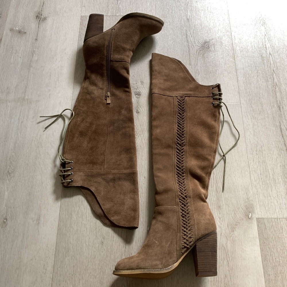 Sbicca Vintage Collection Tan Suede Over The Knee Braided Lace Up Boots Womens 7